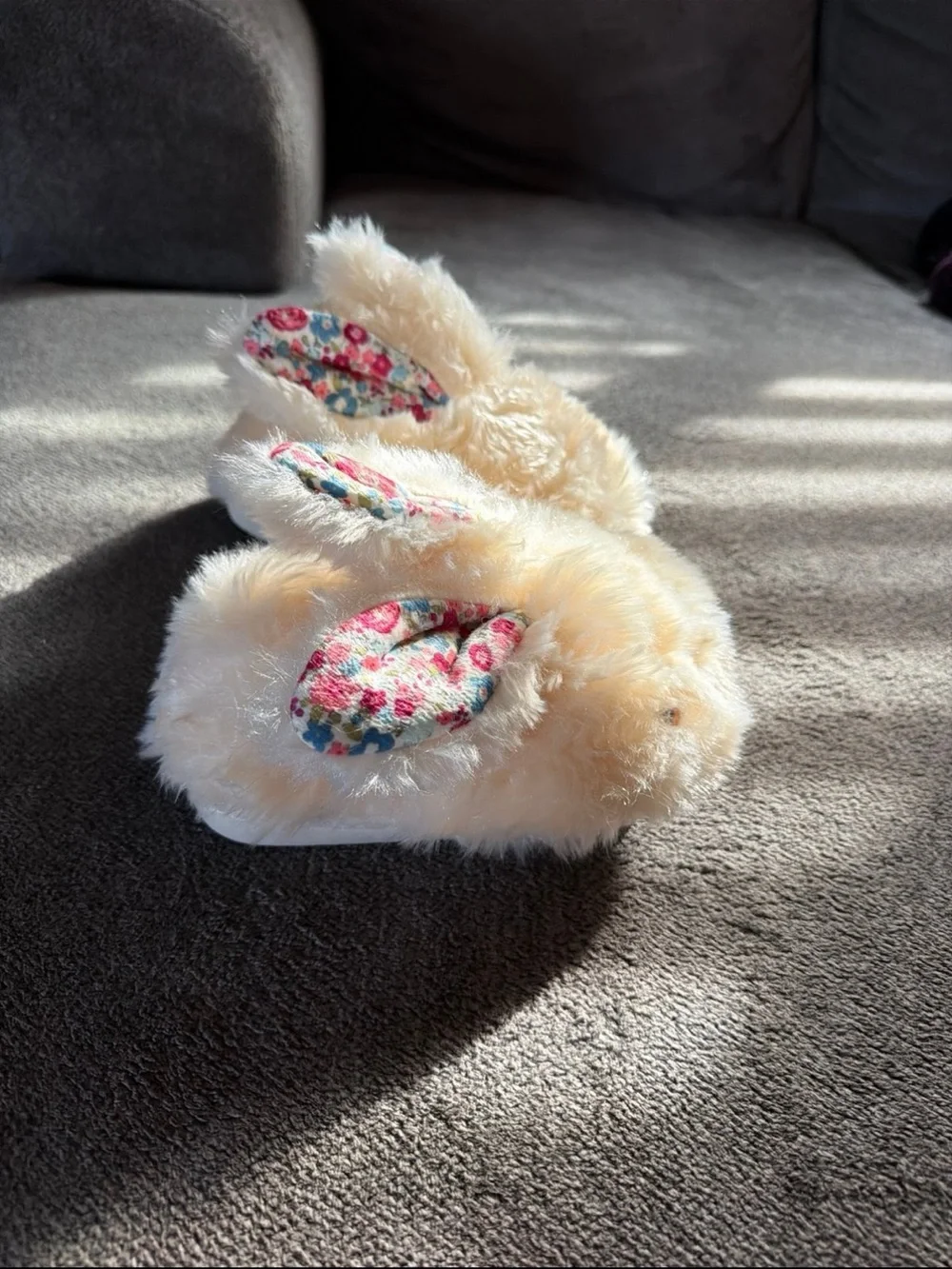 Kids Plush Bunny Slippers in Cream with Floral Ears